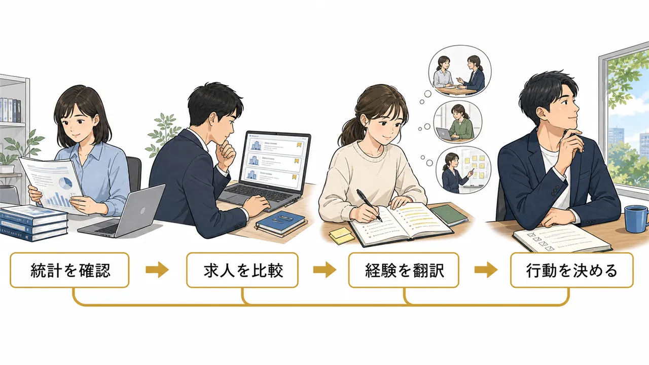 統計、求人比較、経験整理から次の行動を決める関係図