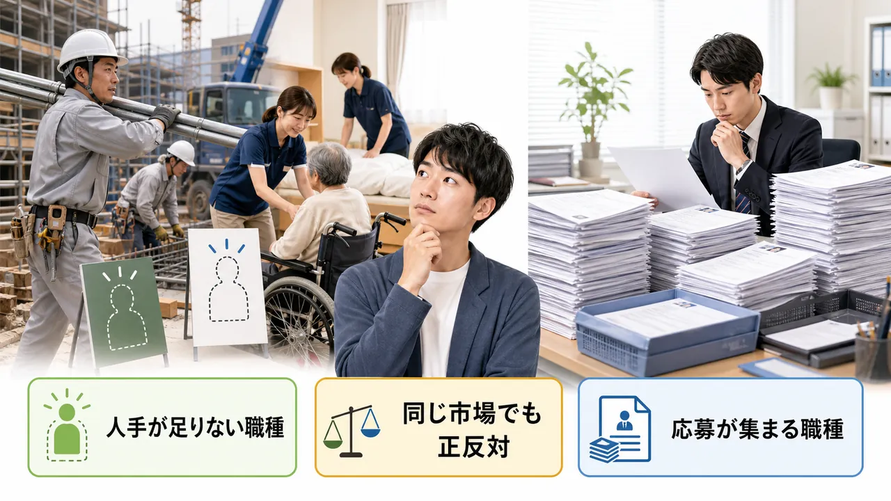 人手が足りない職種と応募が集まる職種の対比