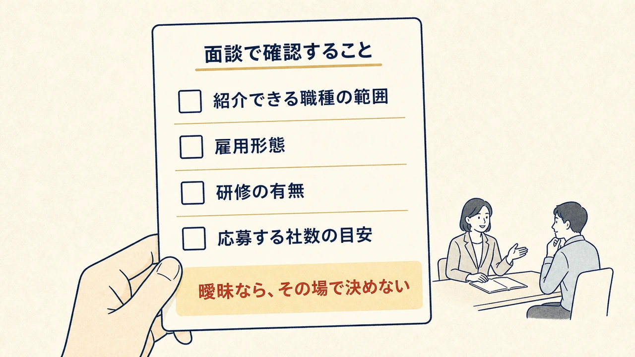 面談で確認することのカード。紹介できる職種の範囲・雇用形態・研修の有無・応募する社数の目安の4項目と、「曖昧なら、その場で決めない」の帯