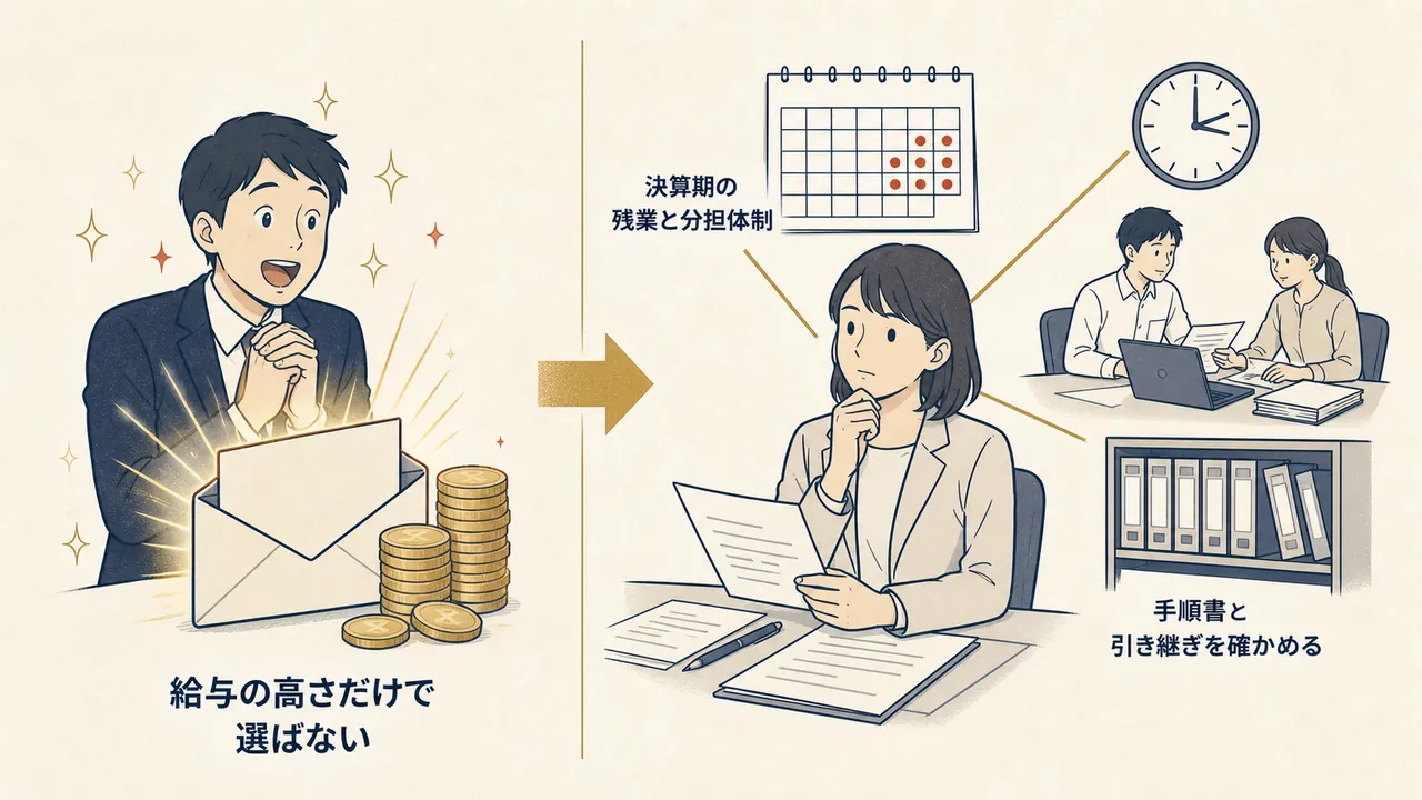 給与だけで選ぶ場合と、繁忙期・手順書・分担体制まで確かめて選ぶ場合の対比