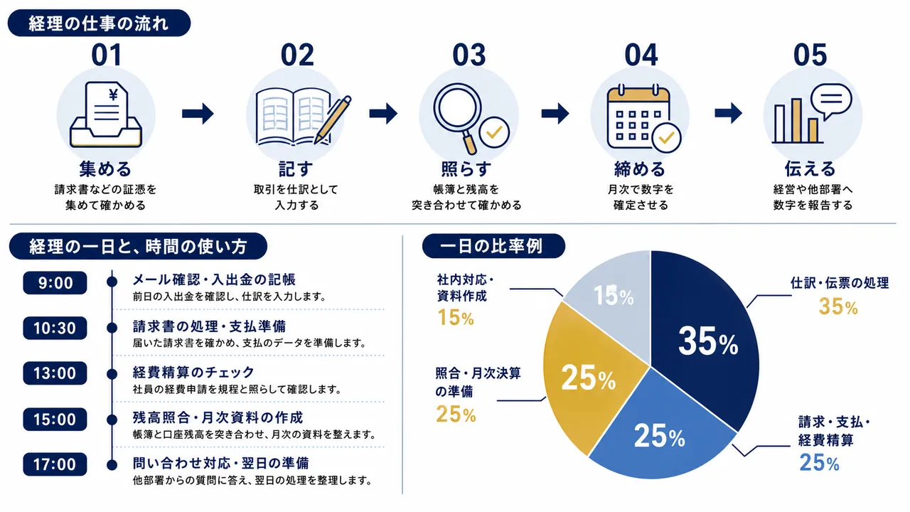 経理担当が行う記帳、請求・支払処理、照合、月次資料作成の流れ