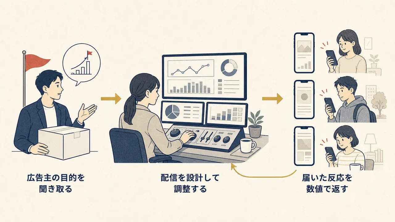 広告主の目的を配信設計に変え、生活者の反応を数値で受け取る流れ