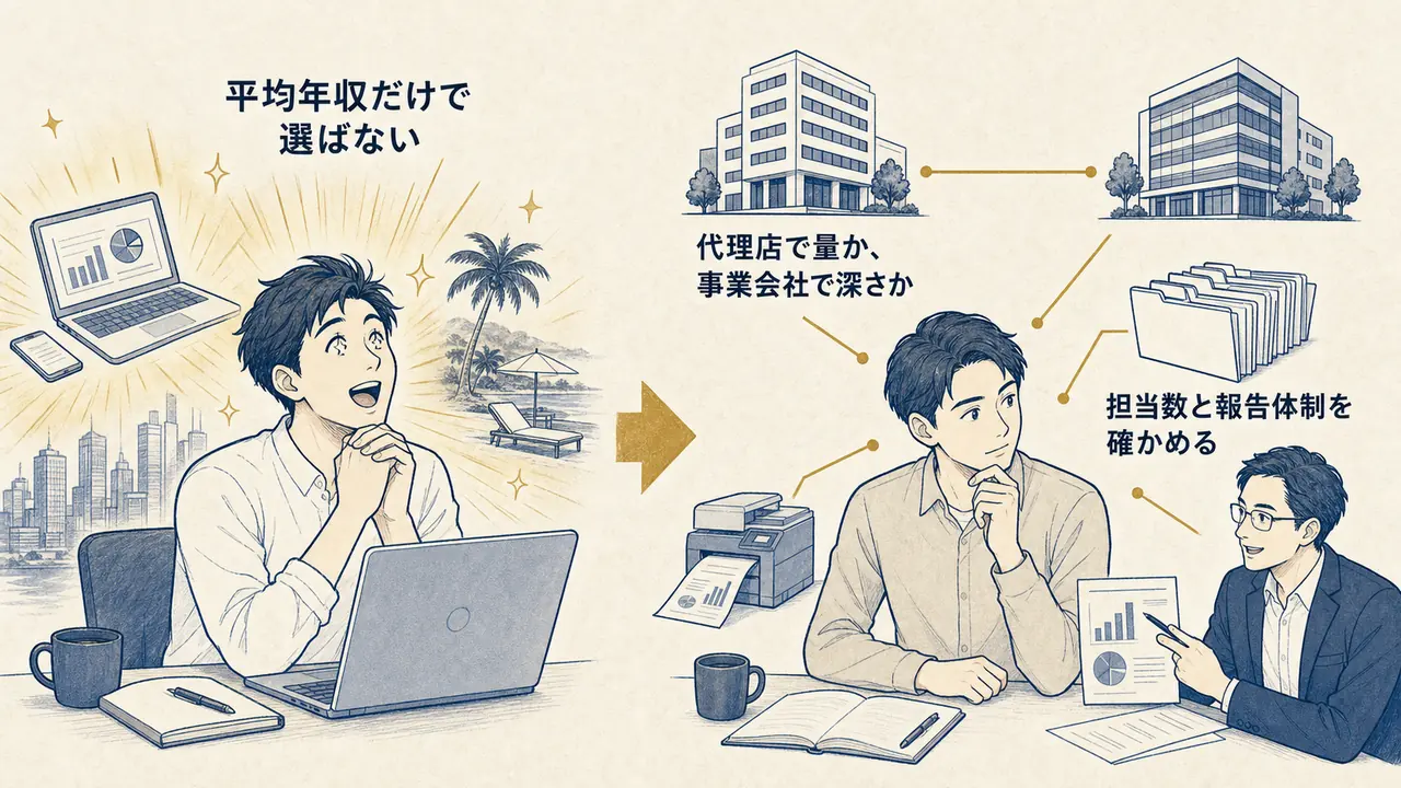 平均年収だけで選ぶ場合と、担当数・自動化・支援体制まで確かめて選ぶ場合の対比