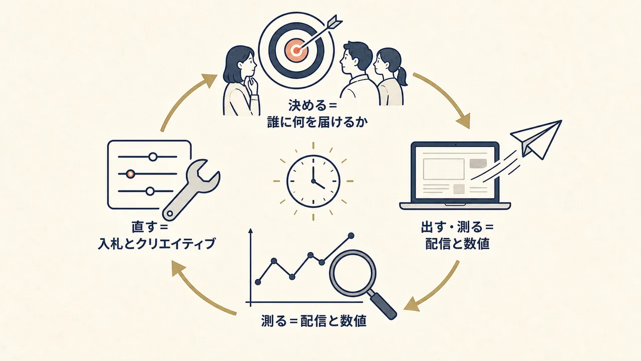 決める・出す・測る・直すの循環を毎日回して広告を改善することを表した図