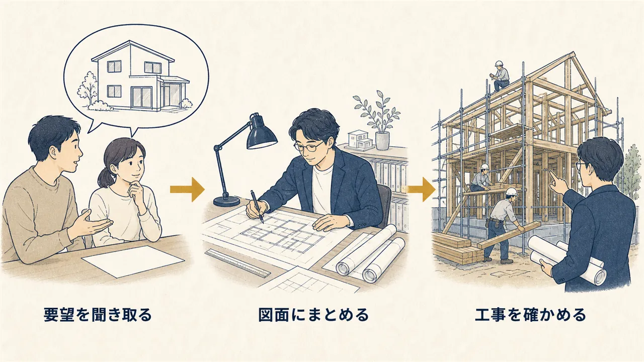 施主の要望を図面にまとめ、工事を確かめるまでの流れ