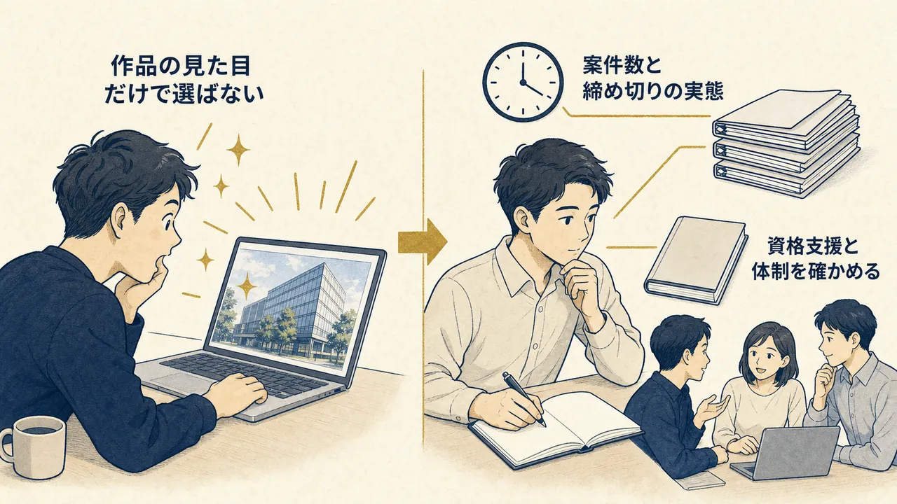 作品の印象だけで選ぶ場合と、体制まで確かめて選ぶ場合の対比