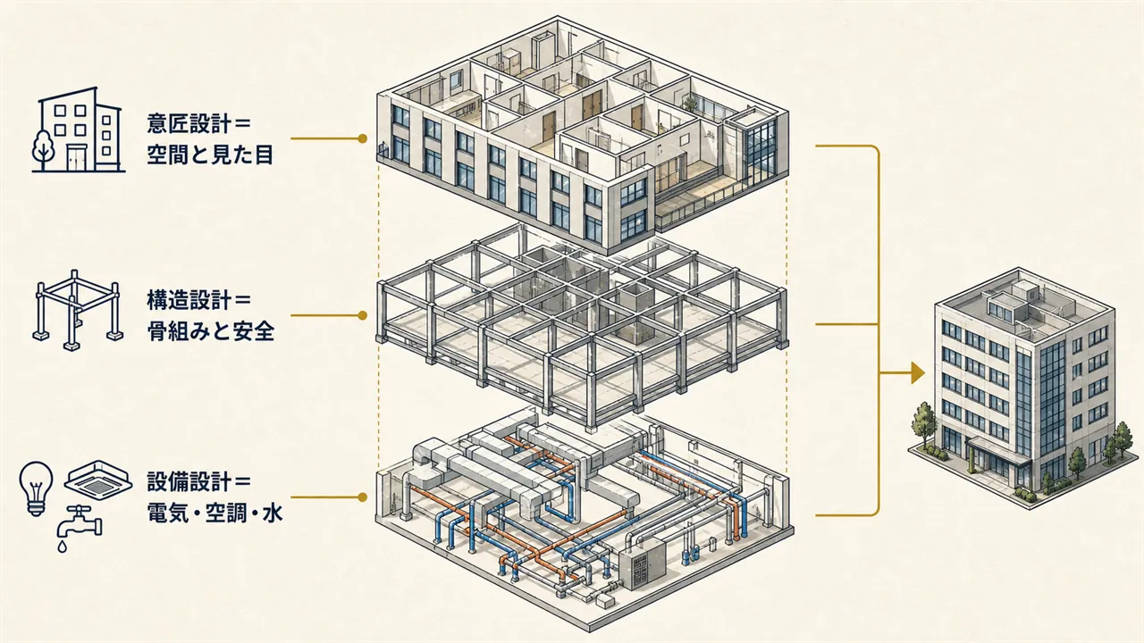 意匠・構造・設備の3分野で一つの建物を設計することを表した図