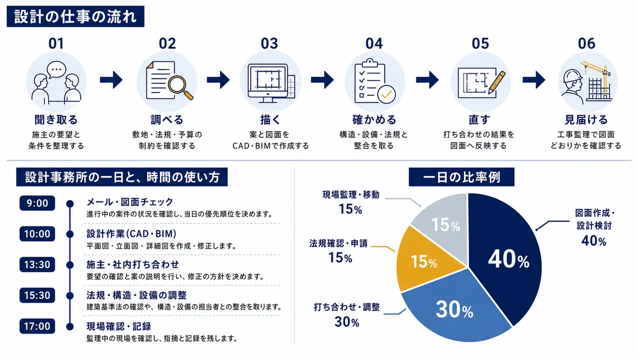 設計事務所で行う図面作成、打ち合わせ、法規確認、現場確認の流れ