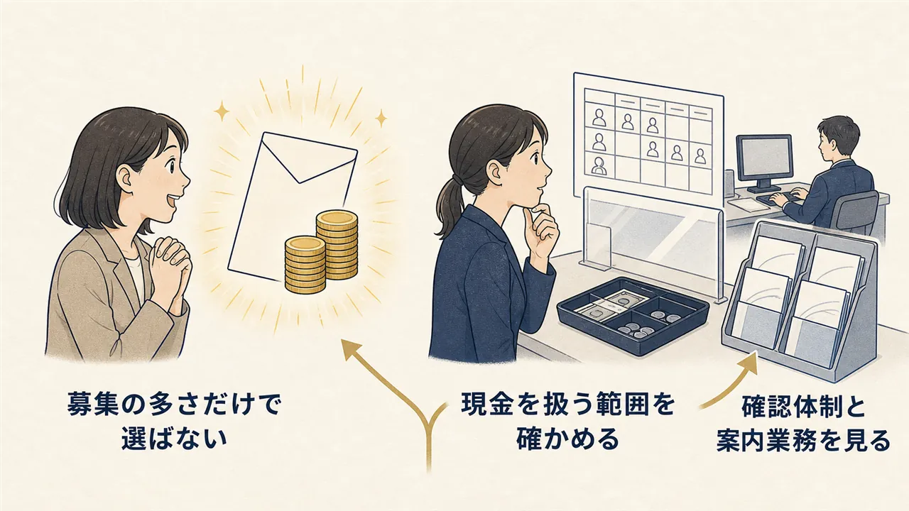 募集の多さだけを見る場合と、現金の扱い、確認体制、案内業務まで確かめる場合の対比