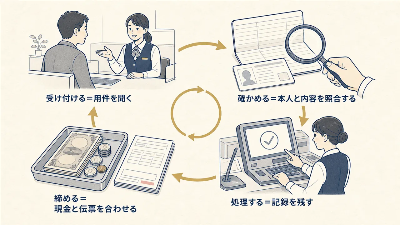 受付、本人確認、処理、締め作業で銀行窓口の手続きが進む図