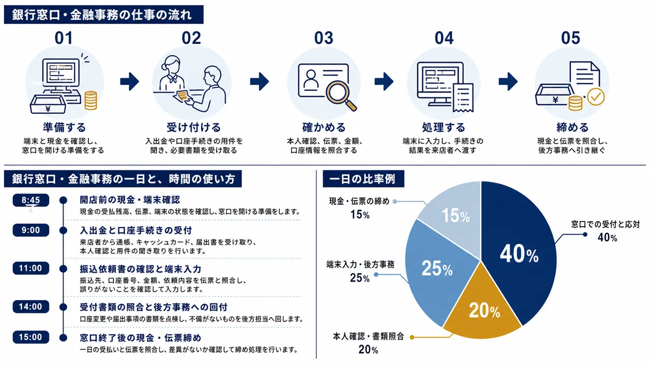 銀行窓口・金融事務が行う開店準備、入出金と振込の受付、書類照合、締め作業の流れ