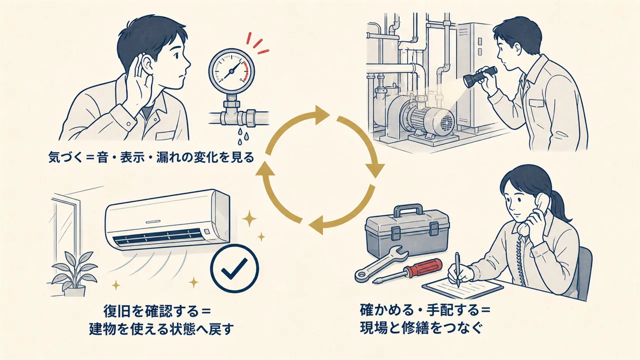 異常の予兆から現場確認、修繕手配、復旧確認へ進む循環図