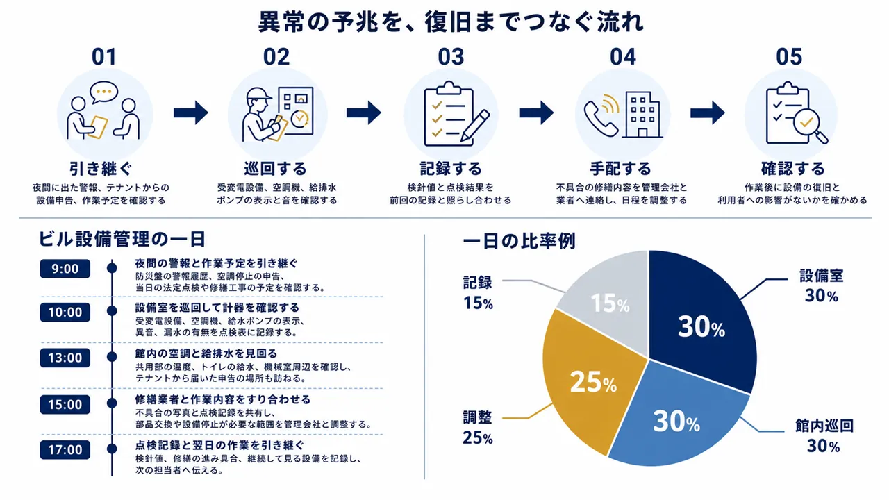 設備室の確認、館内巡回、修繕業者との調整を行うビル設備管理の一日
