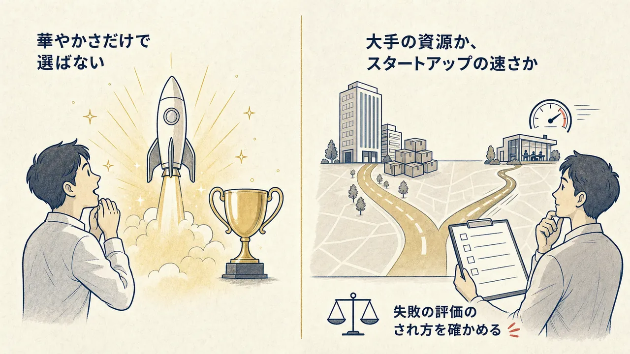 華やかなイメージで選ぶ場合と、資源・速さ・評価文化を比べて選ぶ場合の対比