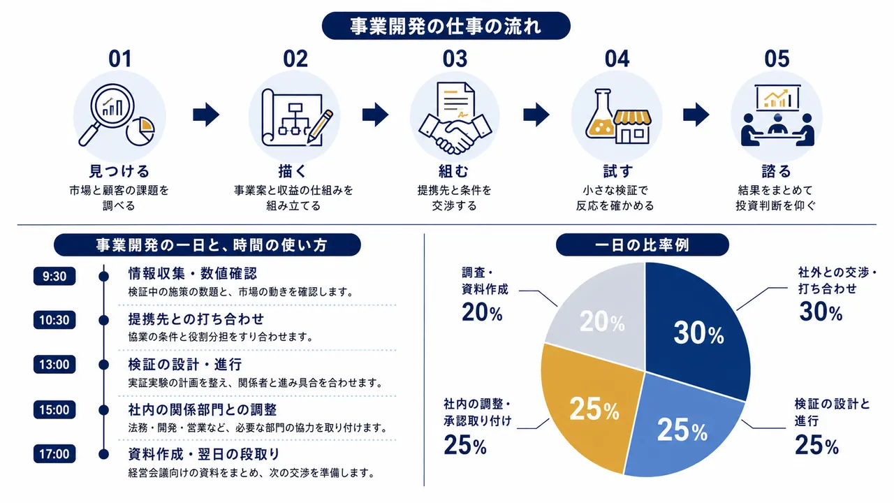 事業開発担当が行う調査、提携交渉、検証の進行、社内調整の流れ