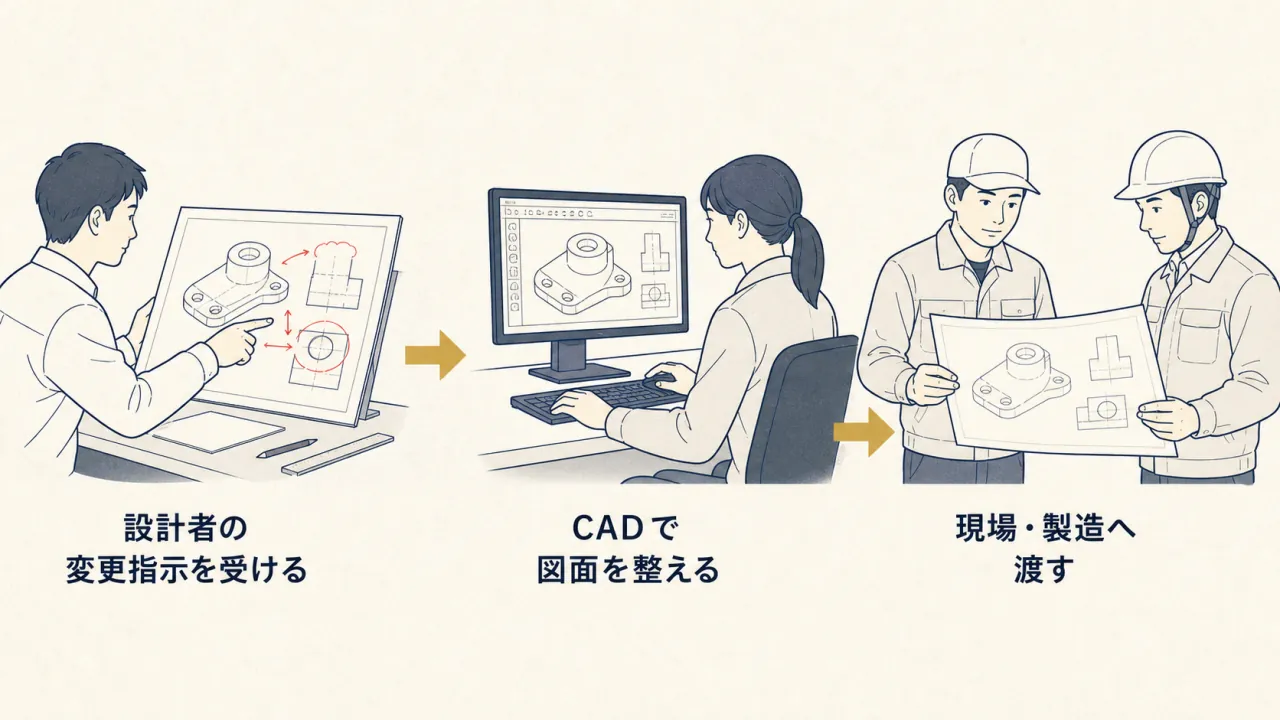 設計者の指示をCADで図面へ反映し、現場や製造へ渡す流れ