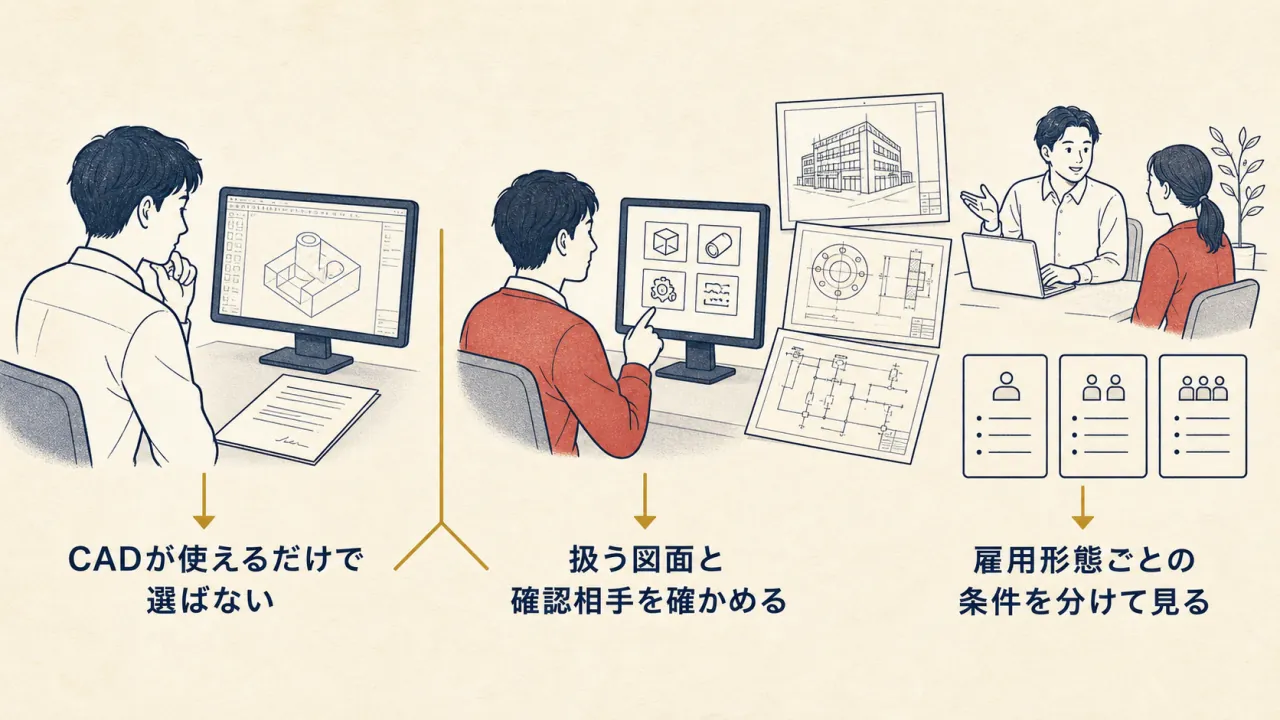 CADの使用有無だけで選ぶ場合と、担当図面・確認体制・雇用条件まで確かめる場合の対比