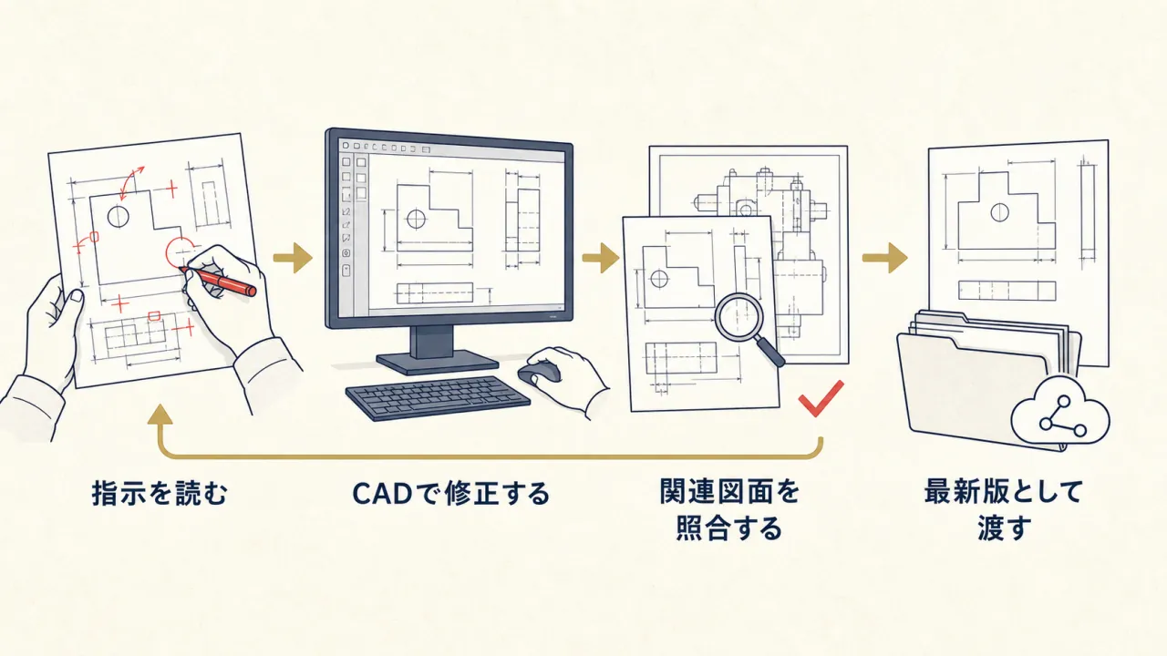 変更指示を受けてCADで修正し、関連図面を照合して最新版を渡す流れ