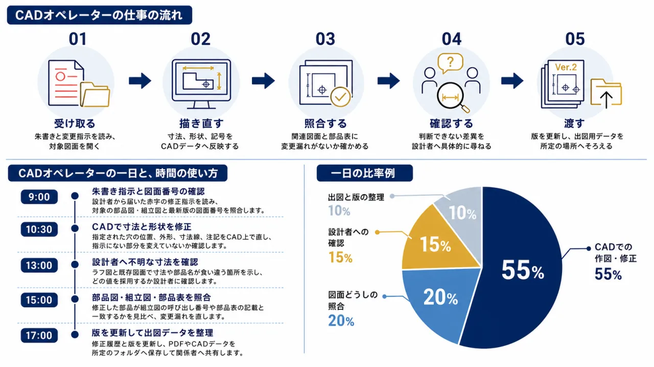 CADオペレーターが行う図面修正、寸法確認、設計者との確認、出図データ整理の流れ