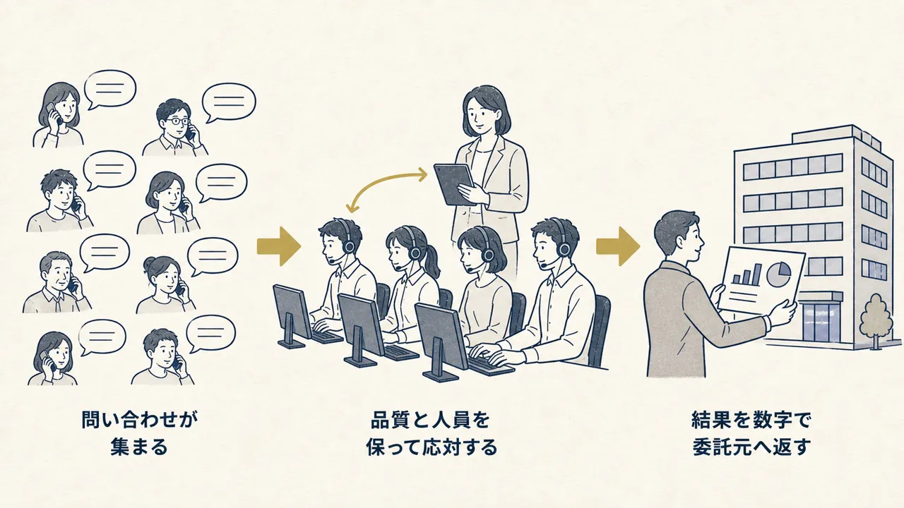 問い合わせの流入から応対、委託元への報告までの流れ