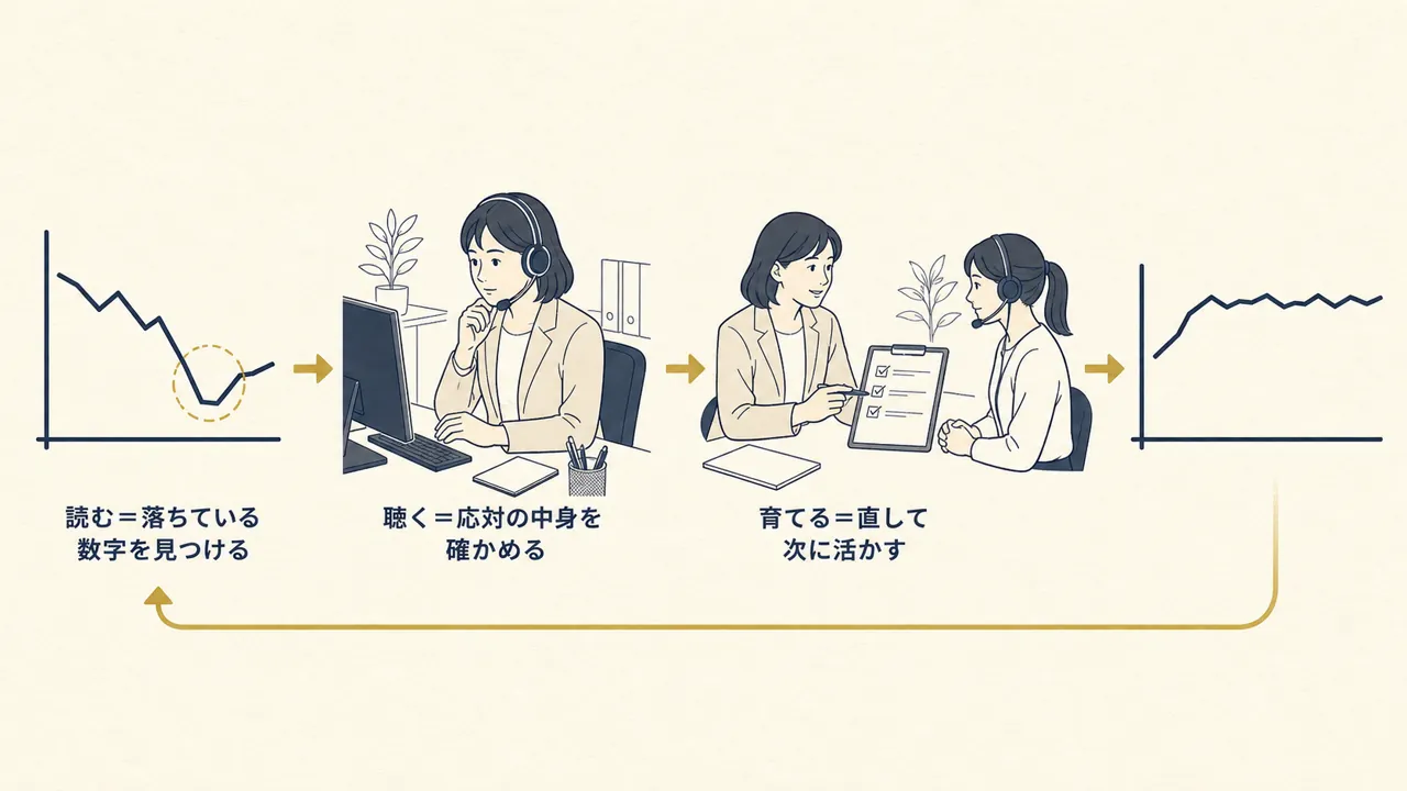 数値の低下の発見から応対の確認、育成、回復までの循環を表した図