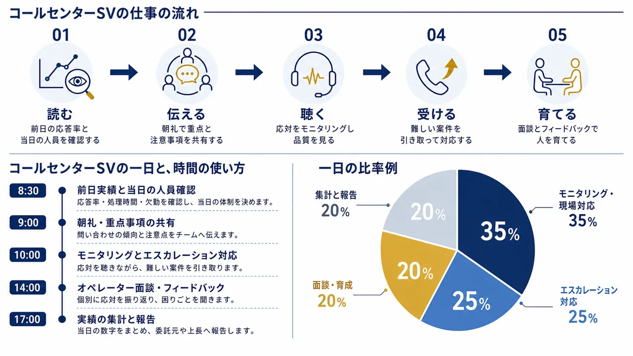 SVが行う数値確認、朝礼、応対のモニタリング、エスカレーション対応、面談の流れ