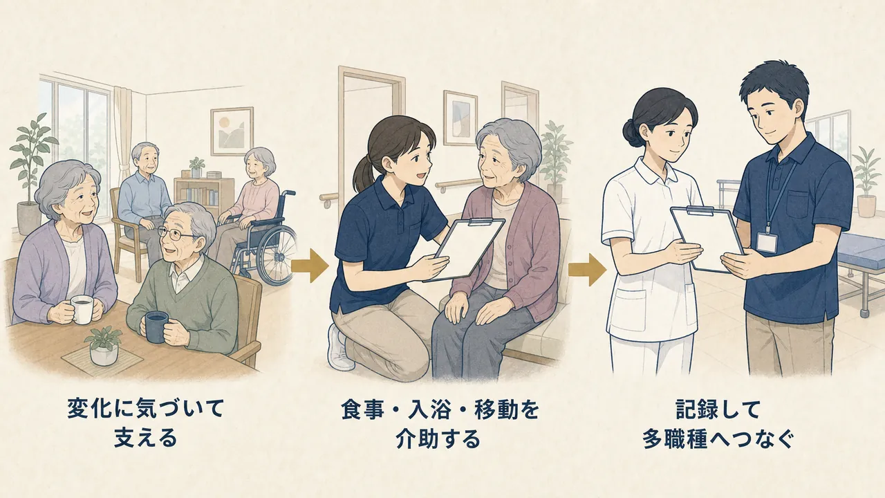 利用者の観察から介助、記録と多職種への共有までの流れ