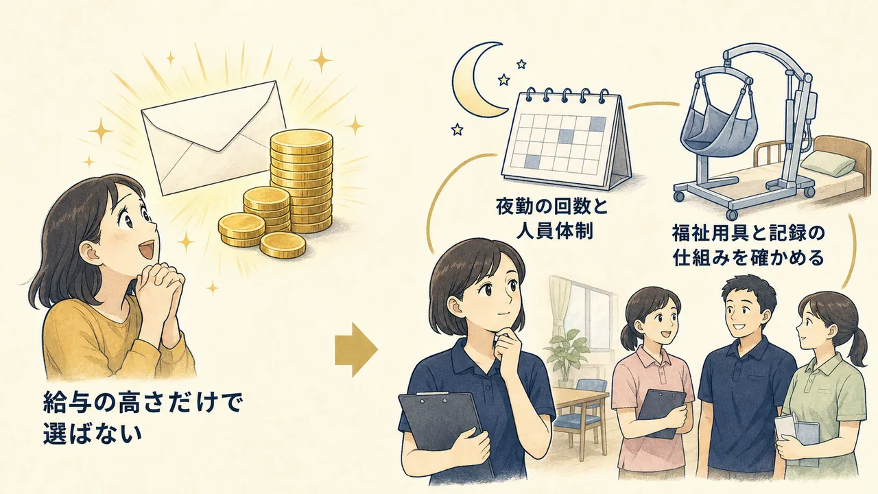 給与だけで選ぶ場合と、夜勤・設備・体制まで確かめて選ぶ場合の対比