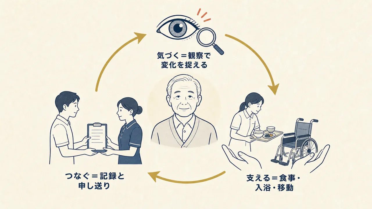 気づく・支える・つなぐの3つでケアが循環することを表した図