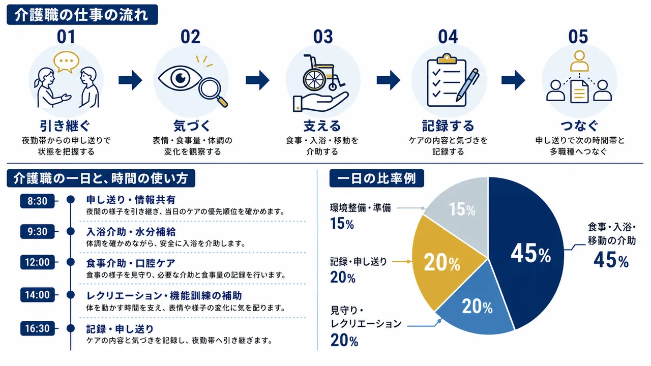 施設介護員が行う申し送り、入浴介助、食事介助、記録の流れ