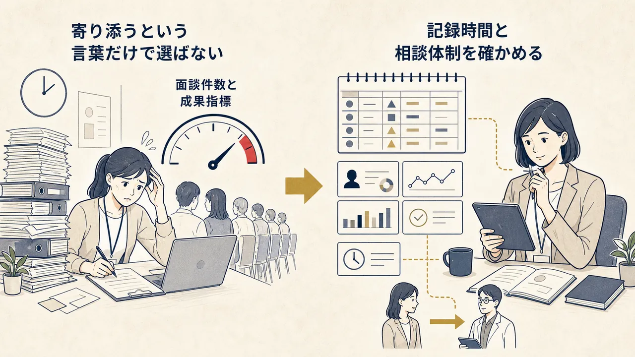 寄り添うという言葉だけで選ぶ場合と、面談件数・成果指標・相談体制を確かめる場合の対比