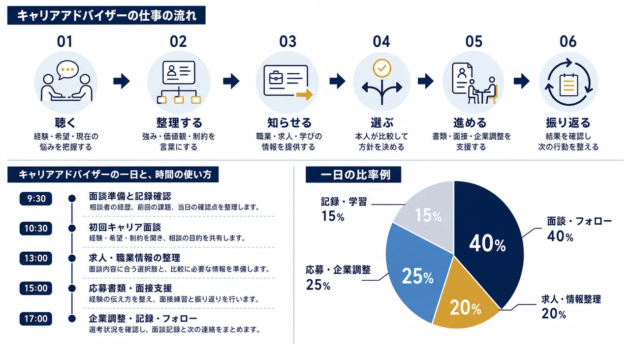 キャリアアドバイザーが行う傾聴、整理、情報提供、選択、応募、振り返りの流れ