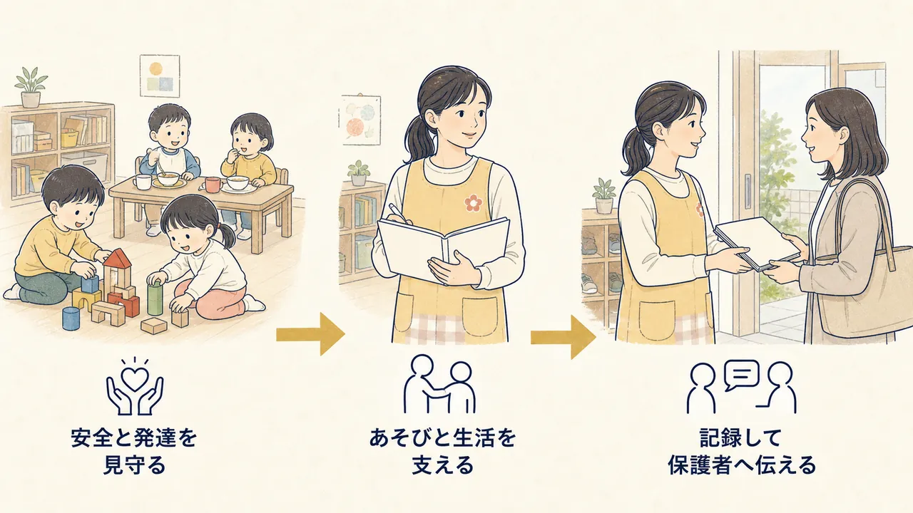 子どもの見守りから生活の援助、記録と保護者への共有までの流れ