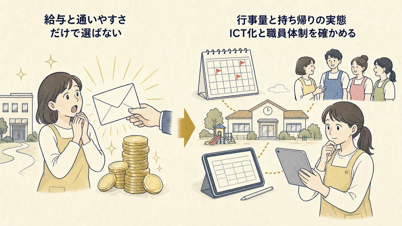 給与だけで選ぶ場合と、行事量・ICT化・職員体制まで確かめて選ぶ場合の対比
