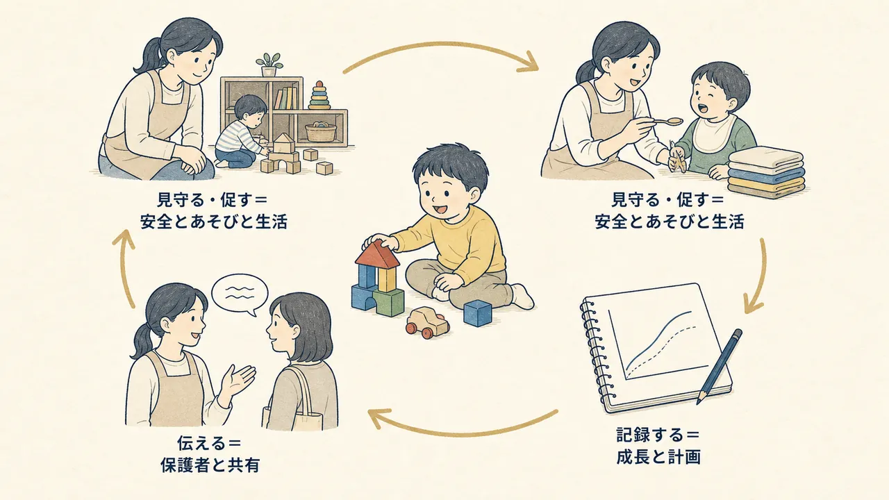 見守る・促す・記録する・伝えるの4つで保育が循環することを表した図