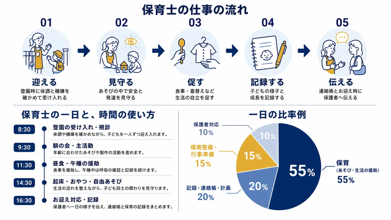 保育士が行う受け入れ、主活動、食事と午睡、記録と保護者対応の流れ