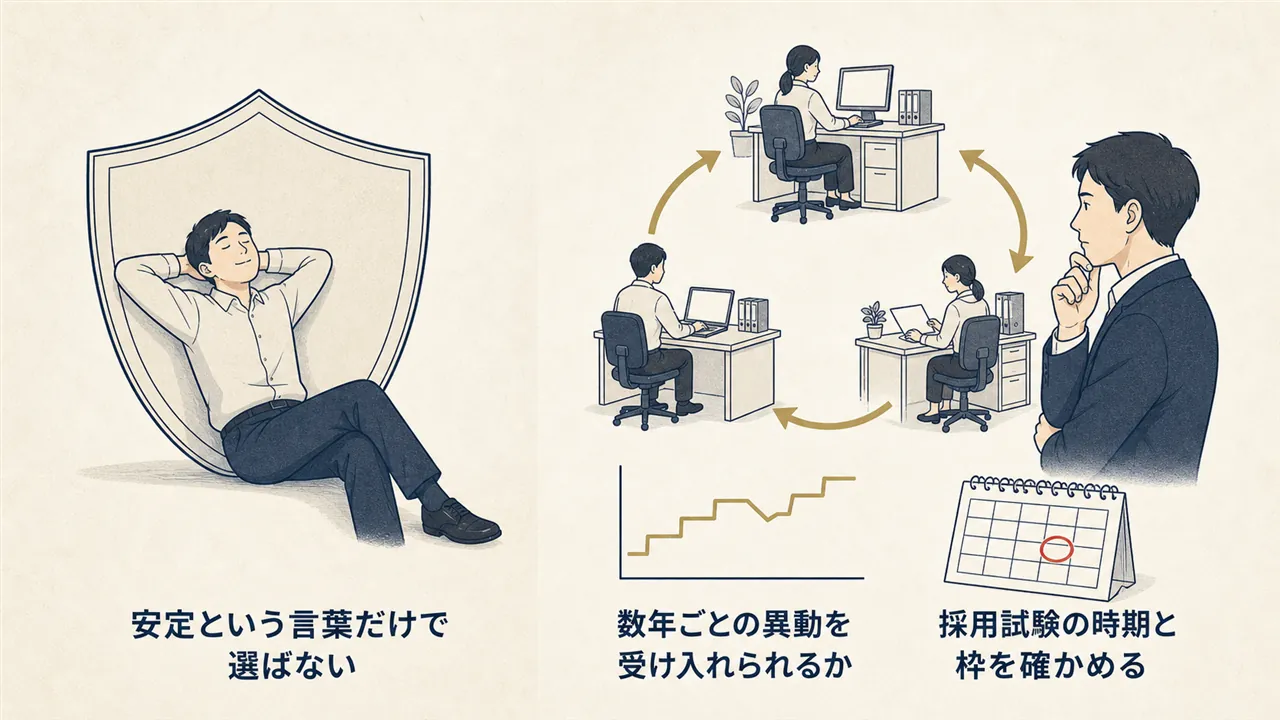 安定のイメージだけで選ぶ場合と、異動・給与カーブ・採用試験まで確かめて選ぶ場合の対比