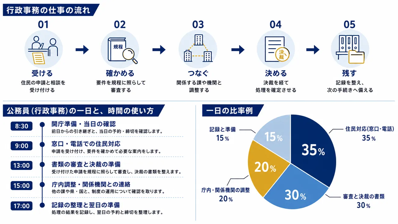行政事務が行う窓口対応、書類の審査、庁内調整、記録と翌日準備の流れ