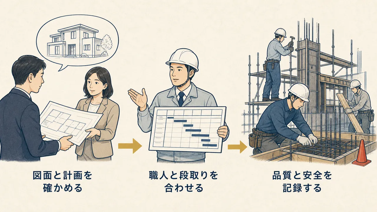 図面の確認から職人との段取り、品質と安全の記録までの流れ