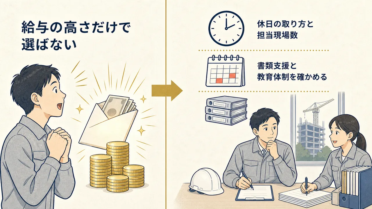 給与だけで選ぶ場合と、休日・現場数・支援体制まで確かめて選ぶ場合の対比