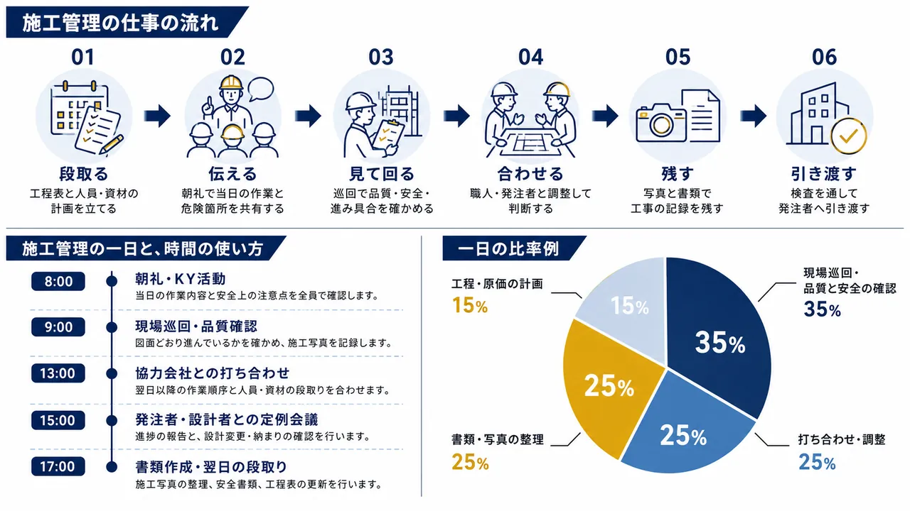 施工管理が行う朝礼、現場巡回、打ち合わせ、書類作成の流れ