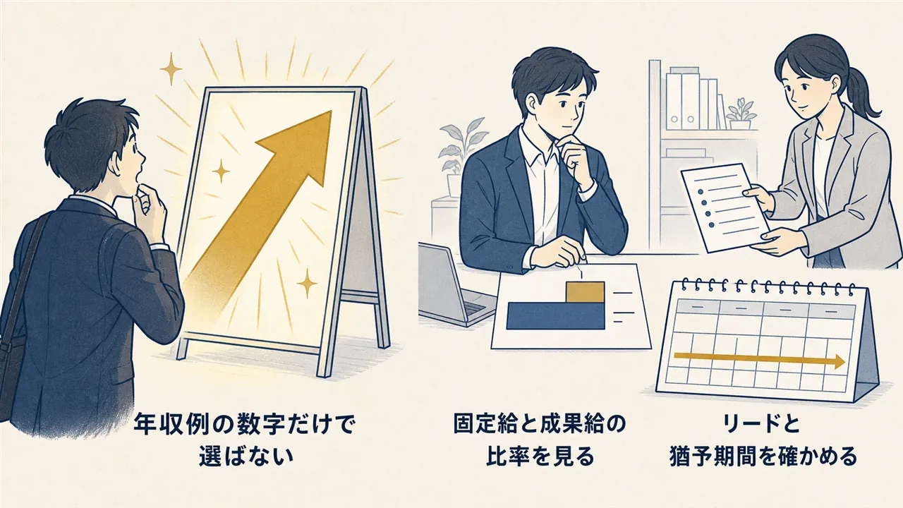 年収例だけで選ぶ場合と、給与構成・リード供給・評価期間まで確かめて選ぶ場合の対比