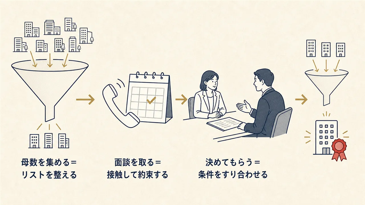 母数集めから接触、商談、成約までの新規開拓の流れを表した図