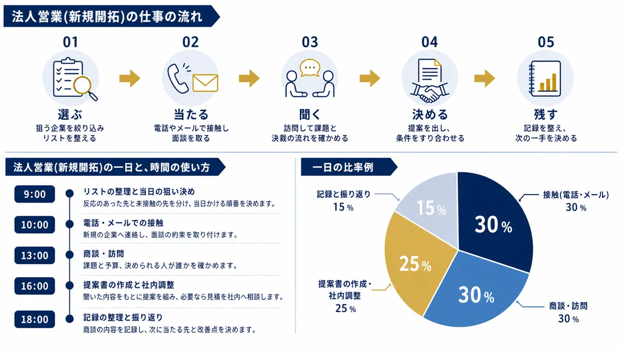 法人営業が行うリスト整理、電話・メールでの接触、商談、記録と振り返りの流れ
