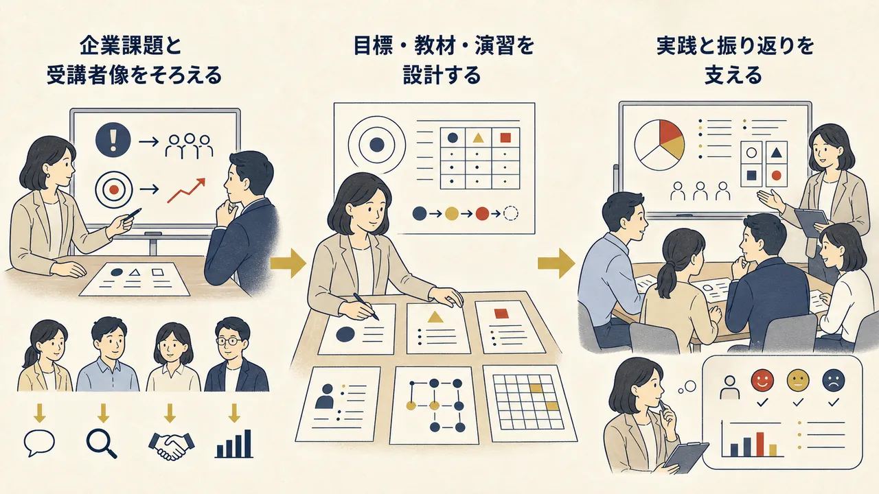 企業課題と受講者像をそろえ、研修を設計し、実践と振り返りを支える流れ