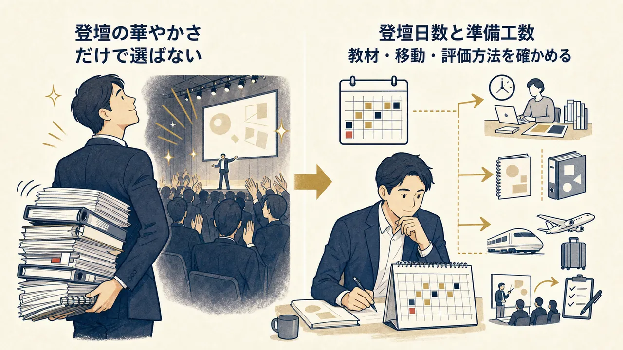 登壇の華やかさだけで選ぶ場合と、登壇日数・準備工数・評価方法を確かめる場合の対比