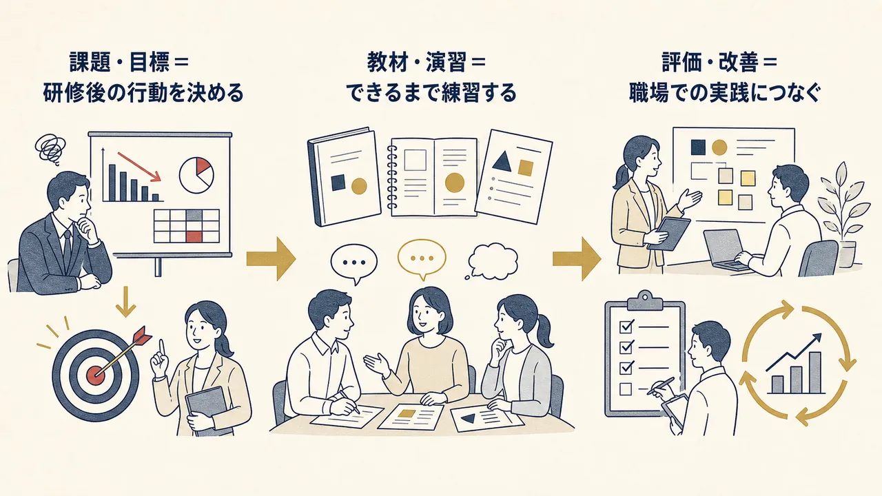 研修後の行動を決め、演習し、職場での実践を評価・改善する三段階