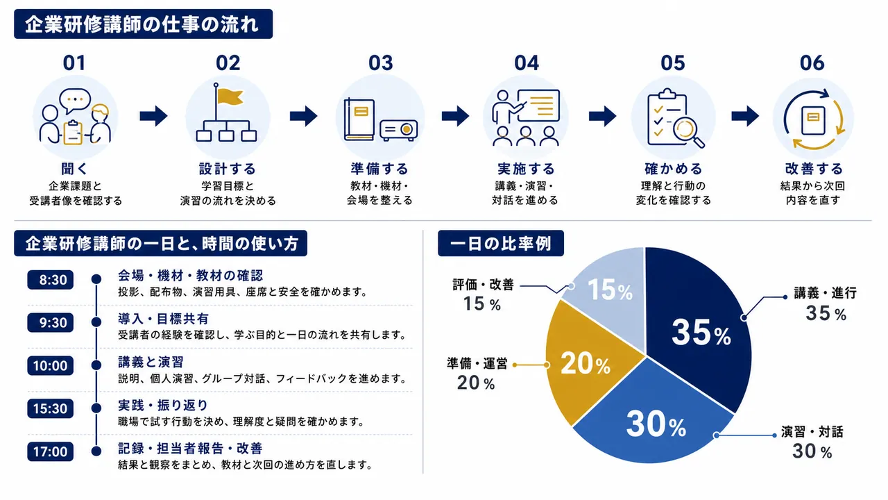企業研修講師が行う聞く、設計する、準備する、実施する、確かめる、改善するの流れ