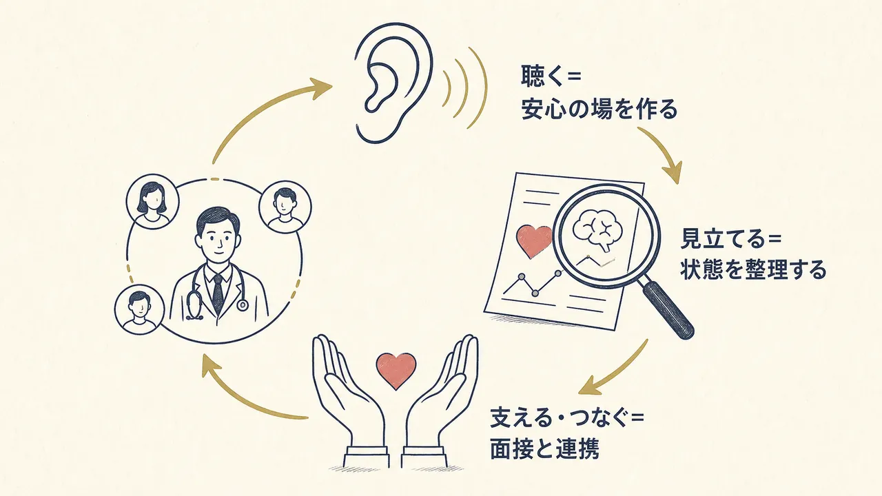 聴く、見立てる、支える、つなぐの4段階で支援が回ることを表した図