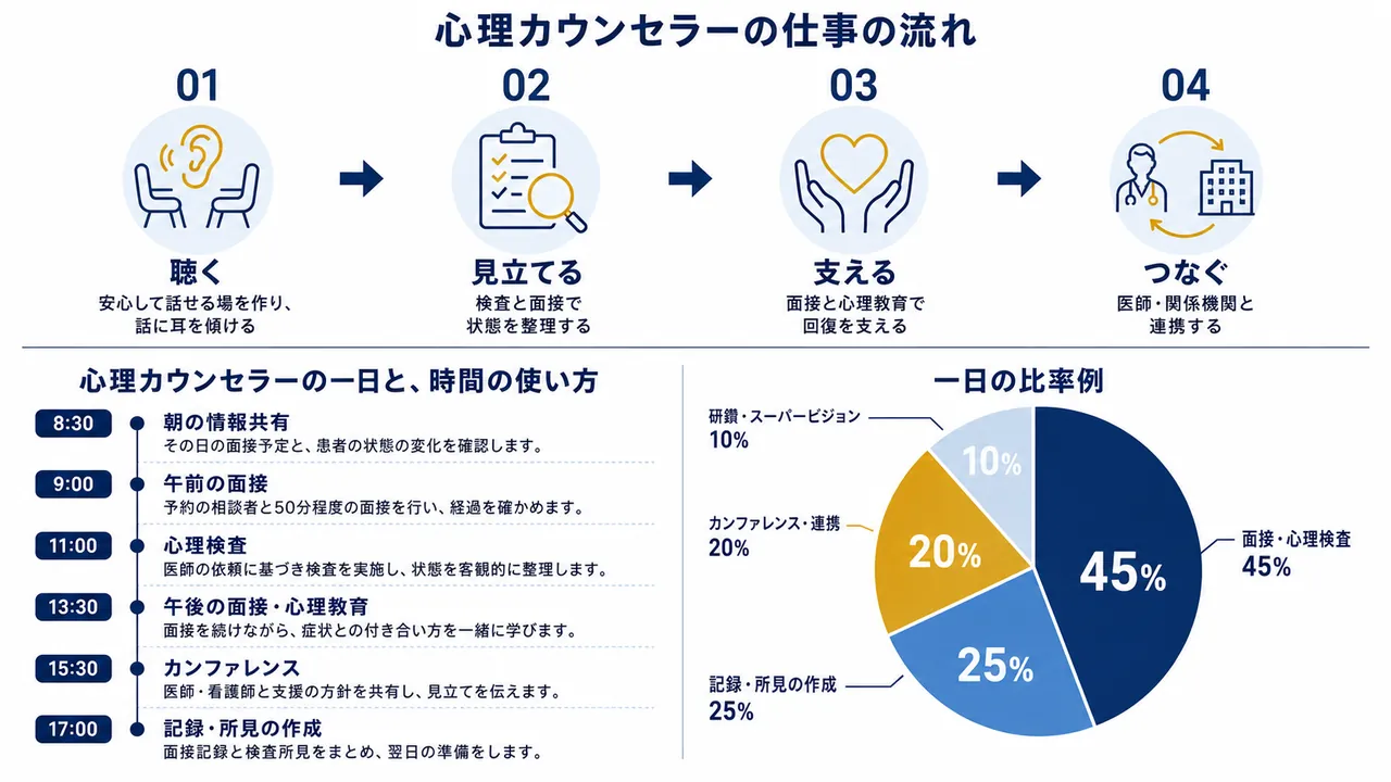 心理カウンセラーが行う面接、心理検査、カンファレンス、記録の流れ